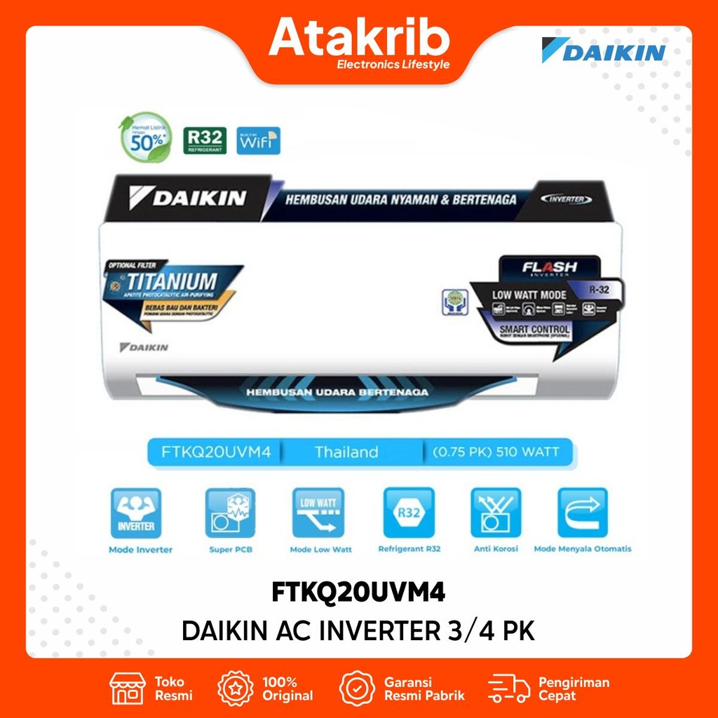 DAIKIN AC INVERTER 3/4 PK FTKQ20UVM4